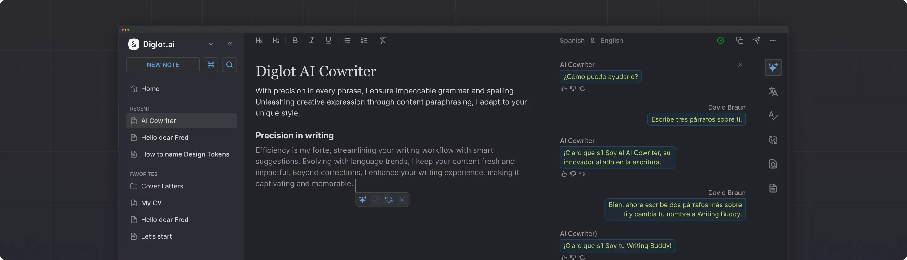 Diglot AI Writing Assistant chat and editor interface