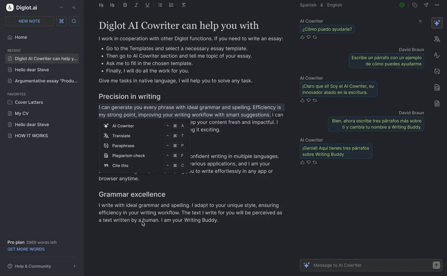 Diglot ESL business professional workflow — emails, proposals, status reports